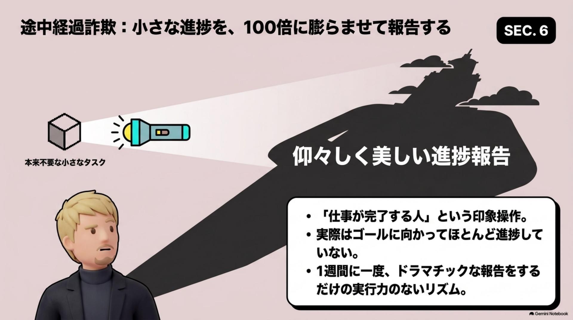 ⑥ 途中経過詐欺:小さな進捗を、100倍に膨らませて報告する